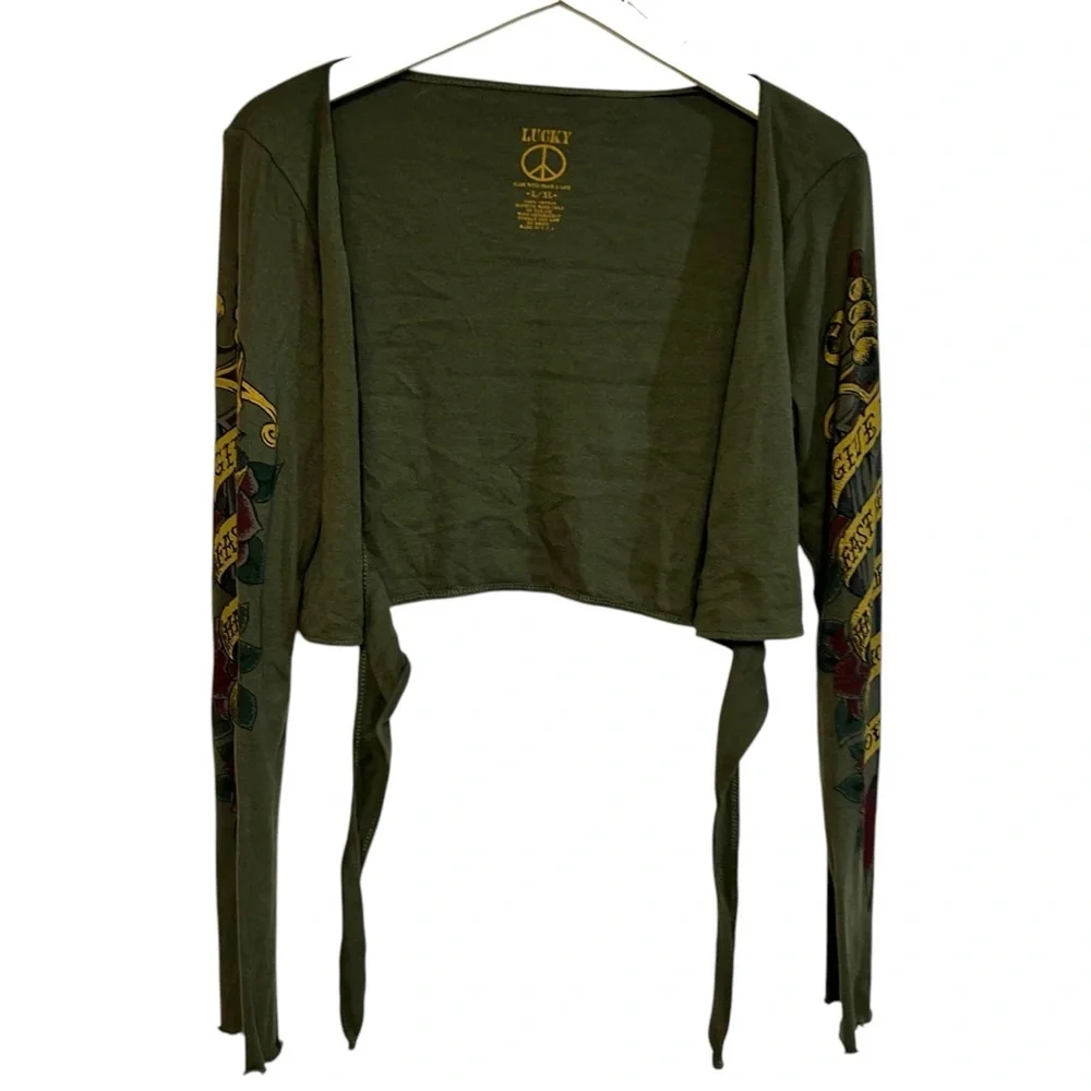 Y2K RARE lucky brand L/XL shrug cardigan arm tattoo dagger PRINT arm sleeve tie - Picture 5 of 14